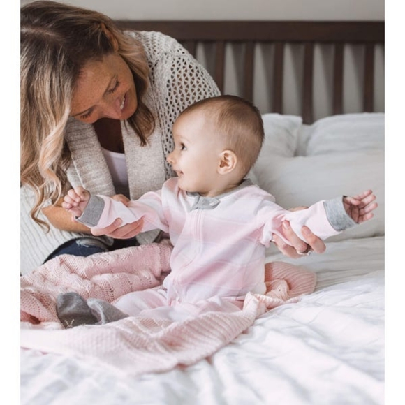 Burt's Bees Baby Pink Rugby Stripe Organic Cotton Zip Footed Pajama - Picture 4 of 7